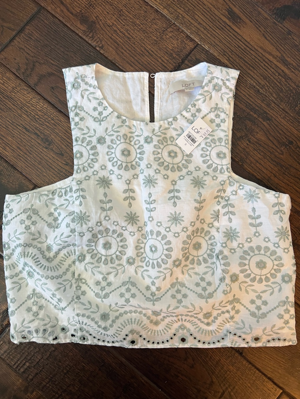 LOFT white and Light Green Embroidered Sleeveless Top